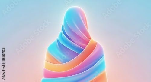 Sculpted colorful ribbons twist upward against a soft pastel gradient backdrop