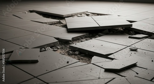 Ceramic floor surface shows significant damage with broken and upturned square slabs.