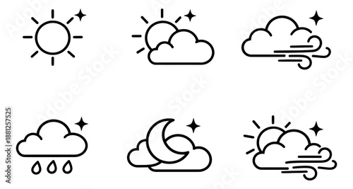 Line art weather icons set featuring sun, clouds, wind, rain, and moon for meteorology and climate applications