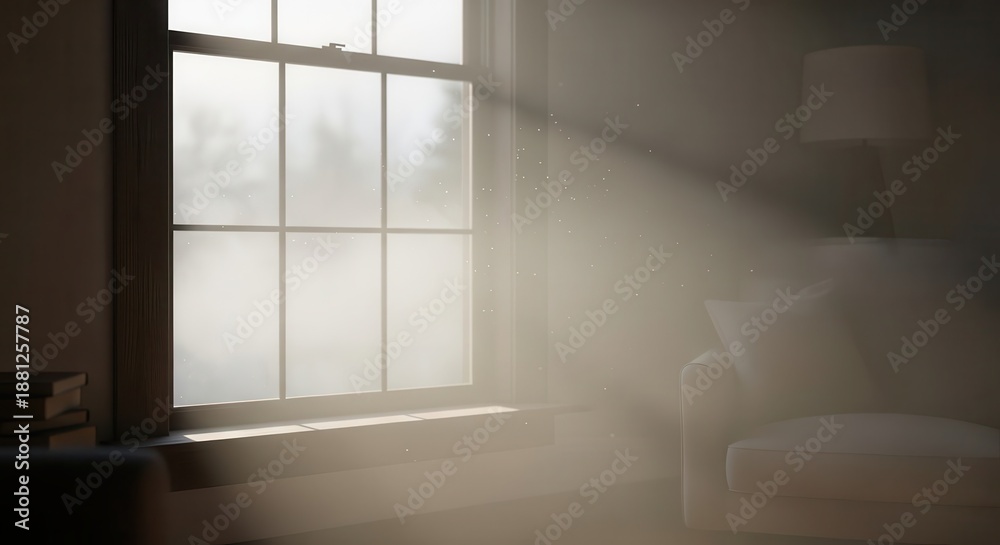 Fototapeta premium Bright shafts of sunlight stream through a multi-paned window illuminating floating dust particles indoors