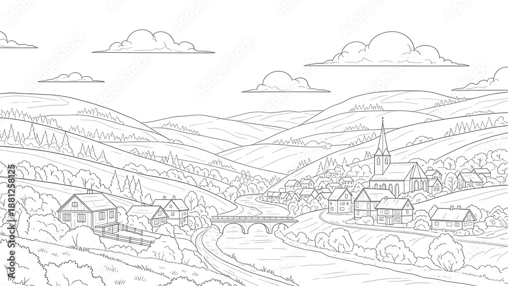 Obraz premium Charming rural village scene with rolling hills, a river, and a church spire under a cloudy sky, depicted in a line art style