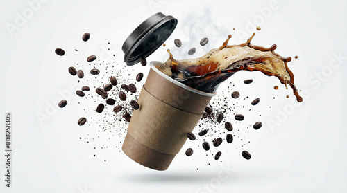 Dynamic Coffee Splash from Paper Cup with Flying Roasted Beans and Lid