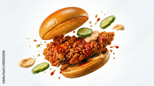 Exploded View of Fried Chicken Sandwich with Flying Buns, Pickles, and Sauce