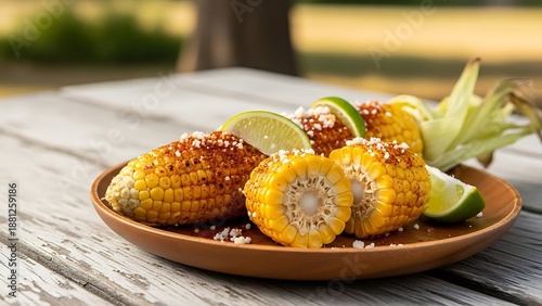 Grilled street corn delight served on a wooden plate outdoors setting