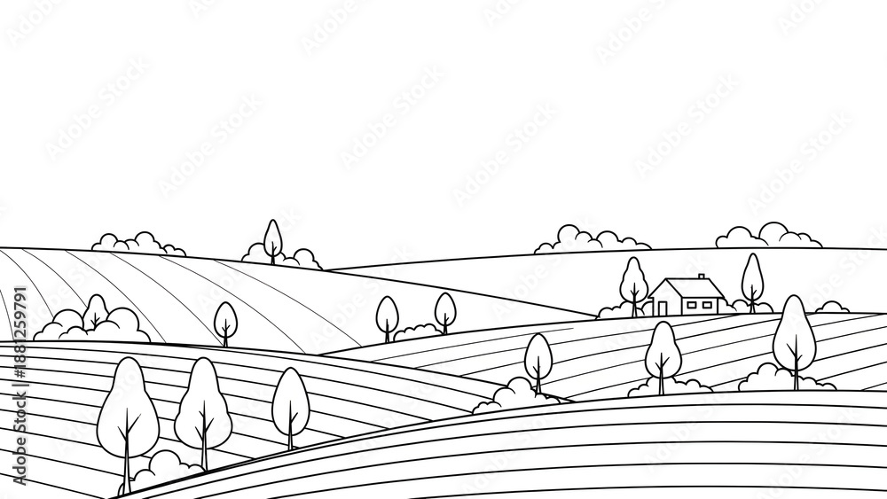 Fototapeta premium Serene rural landscape with rolling hills, cultivated fields, and a distant farmhouse under a clear sky, rendered in a simple line art style