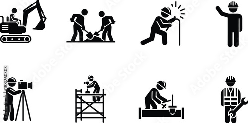 Construction worker safety icons set, industrial labor activities engineering tools excavation welding filming scaffolding teamwork isolated black silhouette illustration vector flat design white 