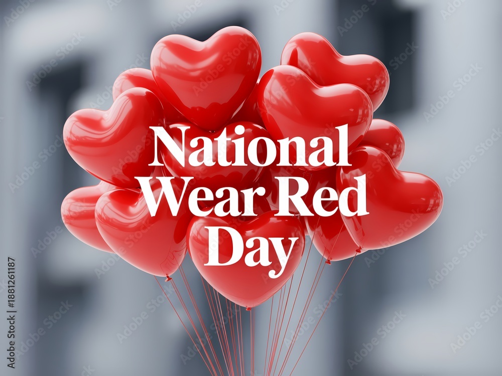 Fototapeta premium Heart shaped balloons on national wear red day with a blurred background
