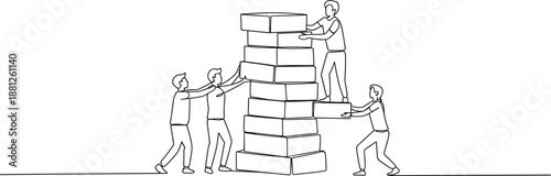 Teamwork concept illustration, people building brick tower together, collaboration and cooperation, business growth strategy, leadership support, unity success, problem solving, line art style