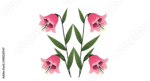 Delicate Pink Bellflowers Symmetrical Floral Pattern. Spring Botanical Illustration for Graphic Design