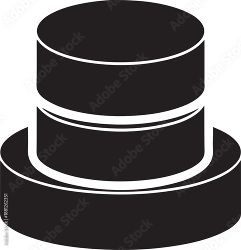 Black and white database icon illustration showing stacked cylindrical data storage device