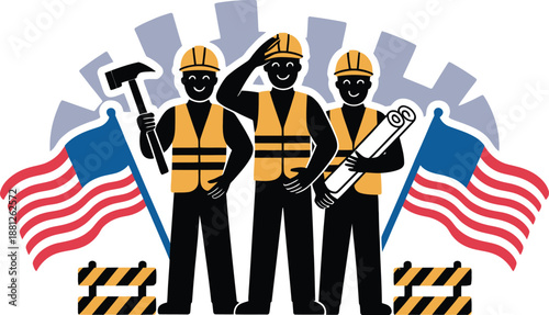 Male construction workers wearing safety vests with American flags