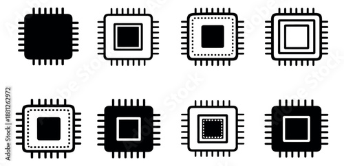 Minimalist computer chip icons set featuring various processor designs for technology and computing