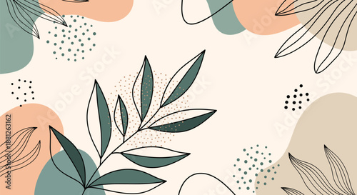 Minimalist botanical illustration features abstract leaves and organic shapes in muted green and orange tones.