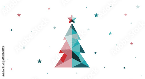 Colorful low poly Christmas tree illustration with festive star on top and a starry background for holiday celebrations and greeting cards.