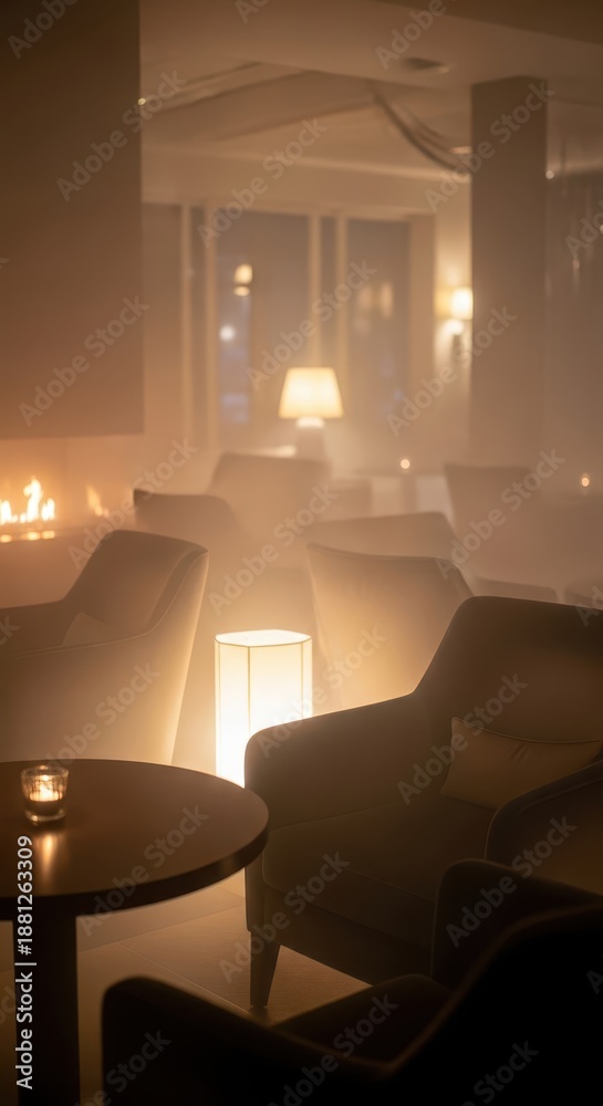 Naklejka premium Dimly lit luxurious interior space creates an intimate and smoky atmosphere.