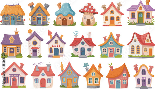 Cute cartoon houses set, colorful fairy tale home collection, whimsical village buildings, kids illustration vector pack, isolated on white