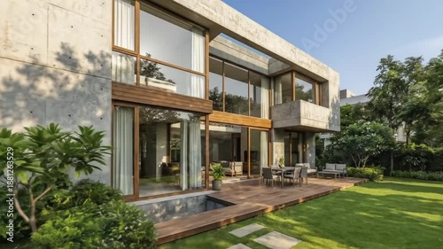 Wallpaper Mural A stunning, contemporary luxury home showcases a striking blend of raw concrete architecture with warm wooden accents and expansive, floor-to-ceiling glass windows under a vibrant blue sky. The meticu Torontodigital.ca