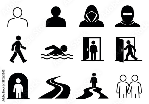 Minimalist silhouette and line art icon set featuring people, actions, and abstract paths for general design purposes