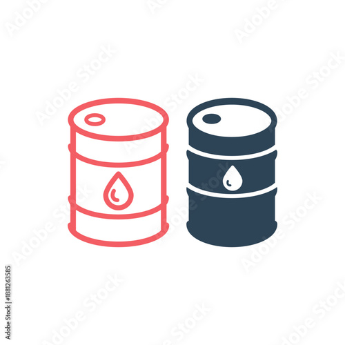 Oil drum container, barrel with sign flat vector icons set for apps and websites.