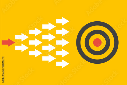 white arrows group with one red, leadership or teamwork vector concept, yellow background illustration