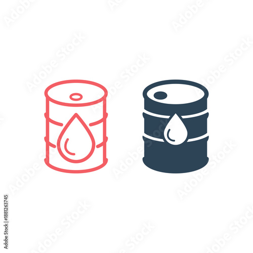 Oil drum container, barrel with sign flat vector icons set for apps and websites.