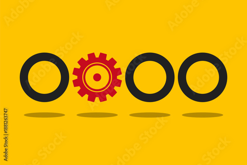 red gear among black rings, be different vector concept, leadership or teamwork illustration, innovation thinking