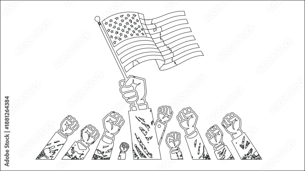 Fototapeta premium Raised fists holding American flag symbolizing worker solidarity