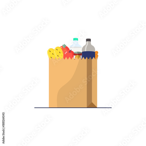 Paper bag with food and drink, shopping at the grocery store