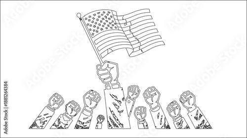 Raised fists holding American flag symbolizing worker solidarity