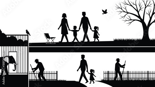 Family silhouettes walking in park with zoo animals, parents and children together, outdoor leisure, nature scenery, community life, black vector illustration, minimalist design