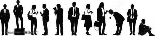 Business people silhouette collection showing professionals standing, talking, waiting, sitting, and working together, symbolizing corporate life, teamwork, communication, and modern office workforce 