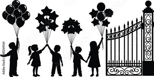 Silhouette of children holding balloons near decorative gate, joyful childhood celebration concept, party and festival scene, innocence, fun, imagination, isolated on white background illustration