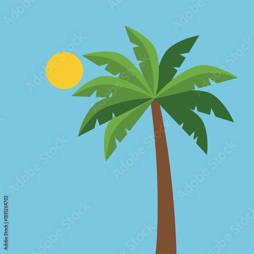 Bright Yellow Sun Shining Over A Green Palm Tree Illustration Under A Clear Blue Sky