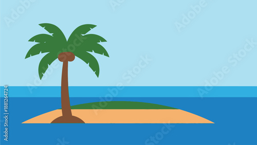 Palm Tree Island Surrounded by Ocean Under a Clear Blue Sky - Simple Flat Design