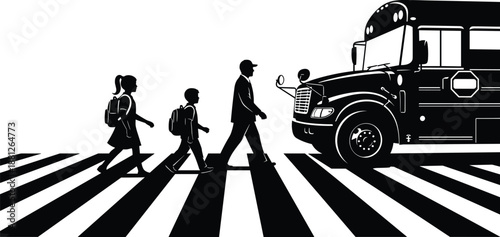 Silhouette of school children crossing pedestrian crosswalk in front of stopped school bus, road safety concept, education transport scene, isolated on white background illustration