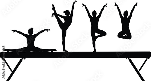Silhouette of female gymnasts performing balance beam routine, athletic poses in motion, isolated on white background, strength, flexibility, sports training, and graceful movement