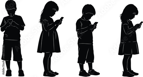 Children silhouette illustration showing kids using smartphones, modern childhood technology addiction concept, digital device usage, screen time behavior isolated on white background
