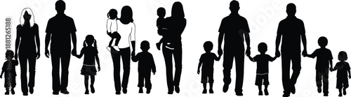 Large family silhouette illustration showing parents walking with children of different ages, togetherness and parenting concept, generational unity isolated on white background