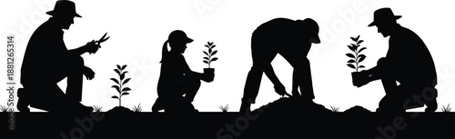 Farmers silhouette illustration planting seedlings together in agricultural field, teamwork and sustainability concept, rural farming activity, eco friendly agriculture isolated on white background