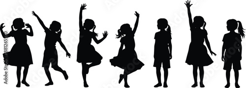 Silhouettes of joyful girls dancing and jumping together, playful childhood movement and celebration, freedom, happiness, imagination concept isolated on white background for stock photography