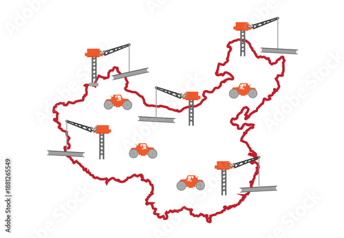 China map with construction boom concept. Editable clip art.