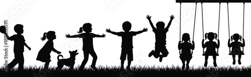 Silhouettes of children playing together in playground with swings, happy kids jumping and running outdoors, childhood joy, friendship, freedom, teamwork concept isolated on white background