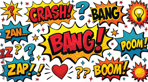 Comic pop art explosion background, colorful speech bubbles with bang boom crash text, retro comic style illustration for creative design projects.