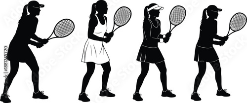 Female tennis player silhouettes set showing forehand and backhand strokes, sports training motion sequence, athletic practice poses isolated on white background