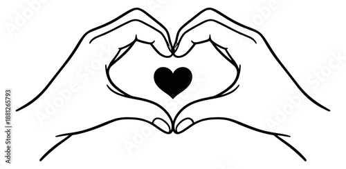 Hand drawn line art illustration of hands forming a heart shape for expressing love and affection