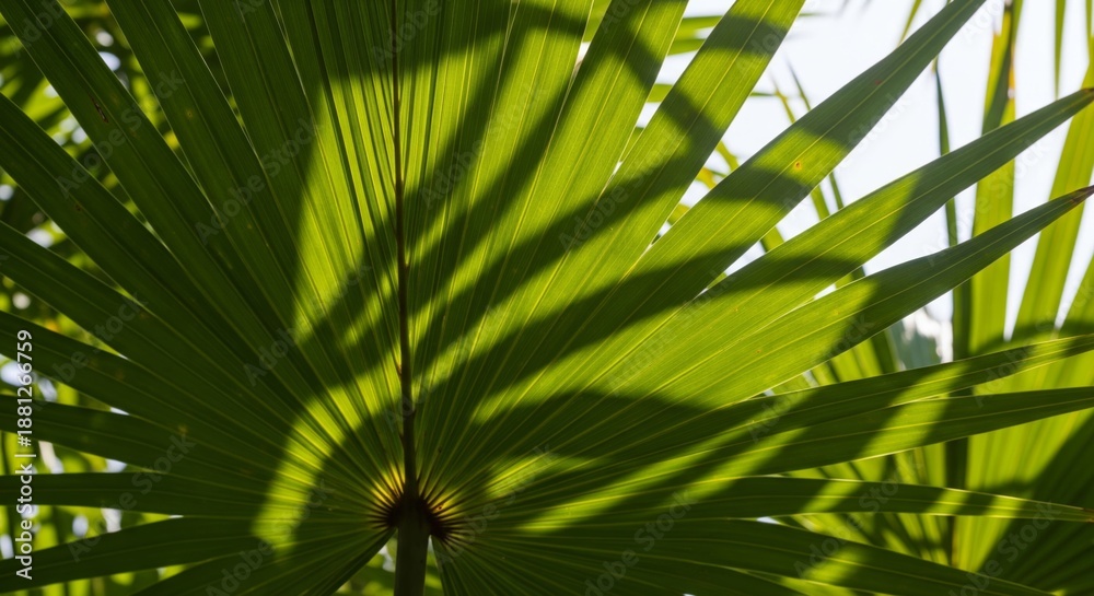 Fototapeta premium Palm Leaf Close Up with Sunlight Casting Dark Shadows
