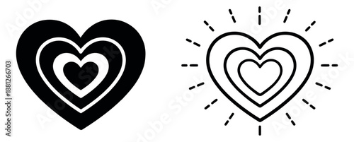 Graphic heart icon set featuring nested designs and radiant lines for love and romance projects