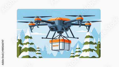 Drone aircraft delivering packages over snow-capped mountains with trees in a serene landscape view