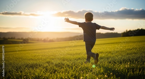 Boy Running in Green Field Toward Setting Sun in Golden Hour