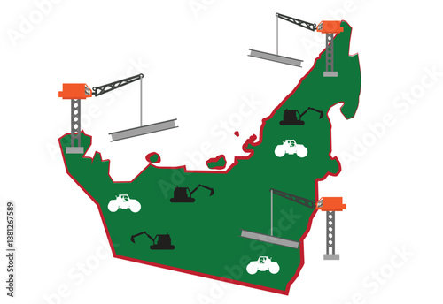 Heavy equipment on a United Arab Emirates map. Isolated on Map. Editable clip art